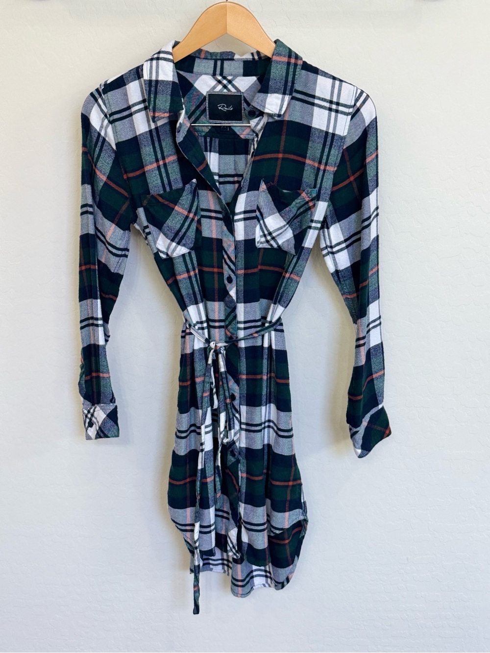 Rails Plaid Flannel Button Down Shirt Dress Hunter Green Black White Small